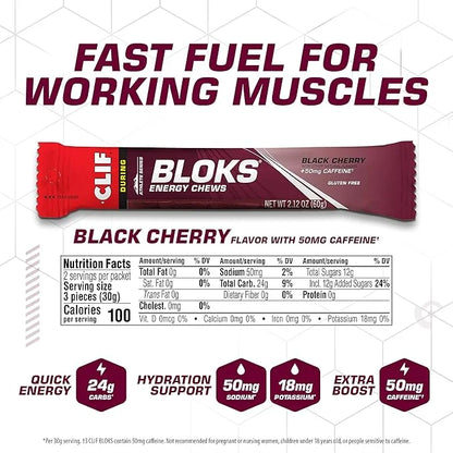 CLIF BLOKS - Black Cherry Flavor with Caffeine - Energy Chews - Non-GMO - Plant Based - Fast Fuel for Cycling and Running ...