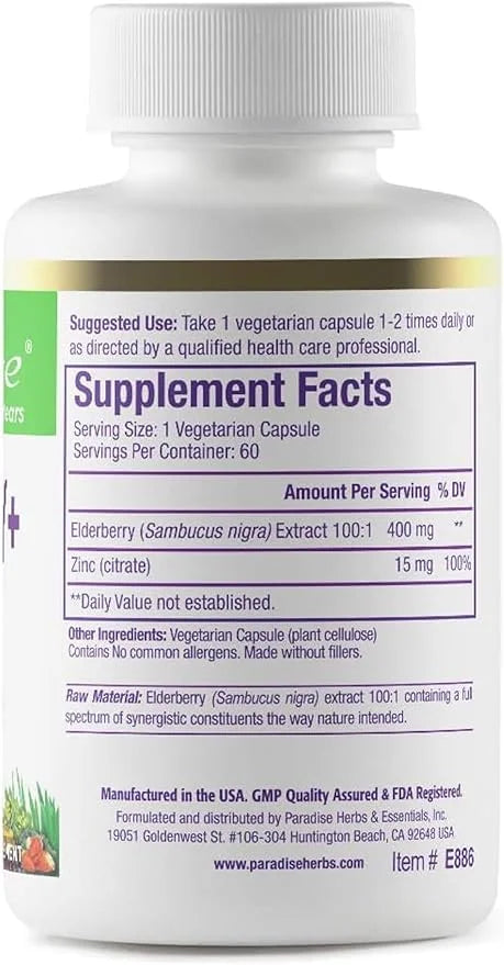 Paradise Herbs Elderberry with Zinc Extract, 60 Vegetarian
