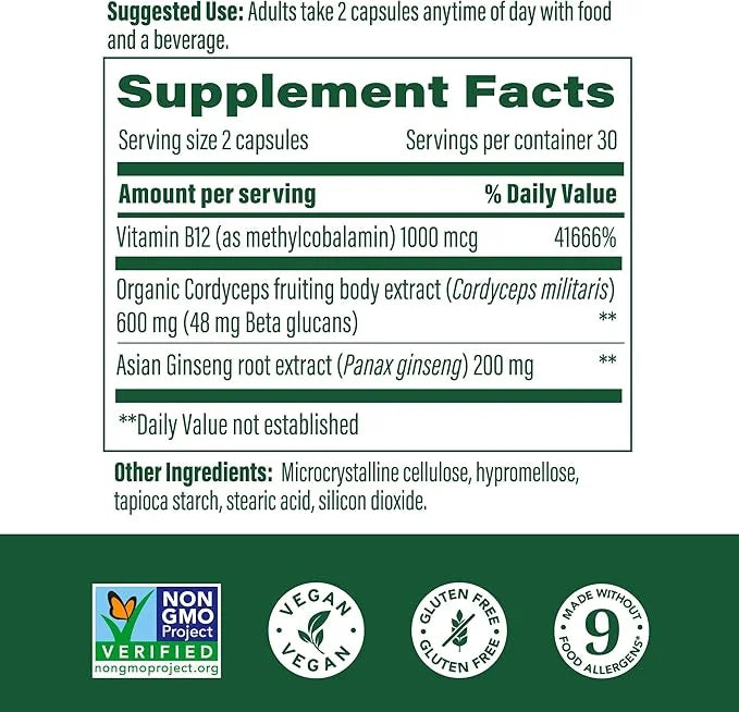 MegaFood Superfood Mushroom Energy Support B12 Vitamins 60 Capsules, 30 Servings