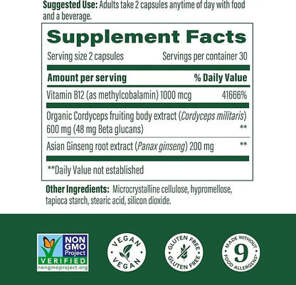 MegaFood Superfood Mushroom Energy Support B12 Vitamins 60 Capsules, 30 Servings