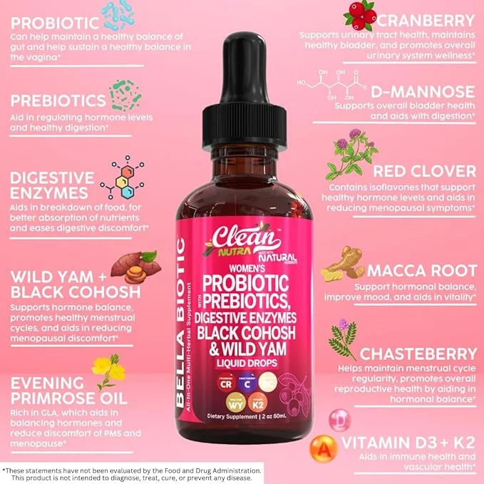 Liquid Probiotics for Women Drops with Chasteberry, Black Cohosh, Prebiotics, Digestive Enzymes, Evening Primrose Oil, Wil...