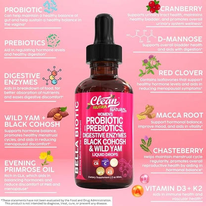 Liquid Probiotics for Women Drops with Chasteberry, Black Cohosh, Prebiotics, Digestive Enzymes, Evening Primrose Oil, Wil...