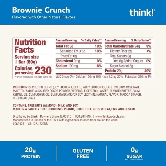 think! Protein Bars, High Protein Snacks, Gluten Free, Kosher Friendly, Brownie Crunch, Nutrition Bars, 2.1 Oz per Bar, 12...