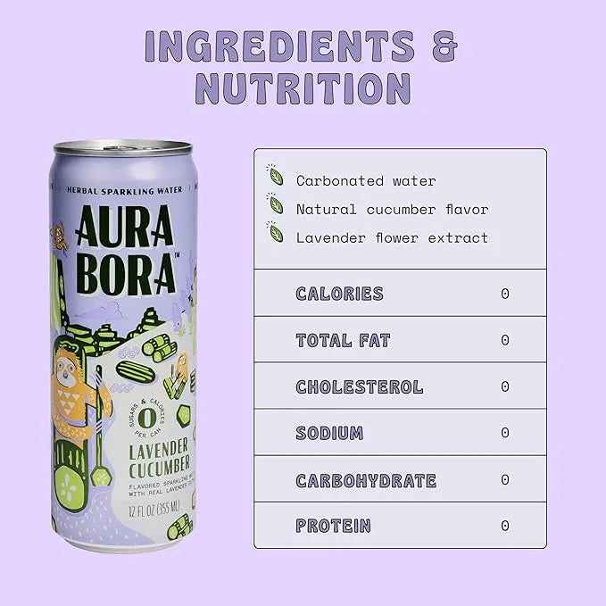 Aura Bora, Lavender Cucumber Herbal Sparkling Water, 12 oz Can (Pack of 12), 0 Calories, 0 Sugar, 0 Sodium, Non-GMO - Prod...