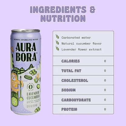 Aura Bora, Lavender Cucumber Herbal Sparkling Water, 12 oz Can (Pack of 12), 0 Calories, 0 Sugar, 0 Sodium, Non-GMO - Prod...