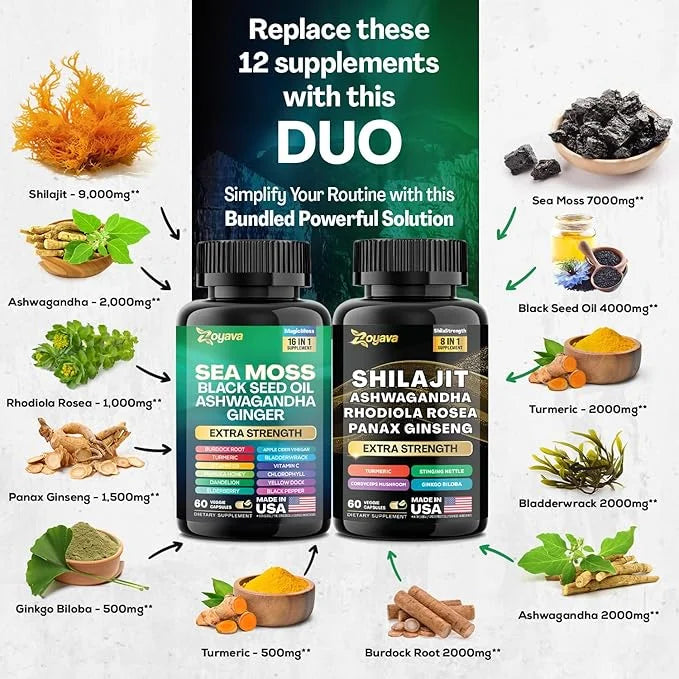 Zoyava Dynamic Vitality Bundle, Sea Moss 7000mg, Black 4000mg, Ashwagandha 2000mg, Ginger 9000mg, Rhodiola 1000mg, Panax (...
