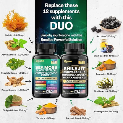 Zoyava Dynamic Vitality Bundle, Sea Moss 7000mg, Black 4000mg, Ashwagandha 2000mg, Ginger 9000mg, Rhodiola 1000mg, Panax (...