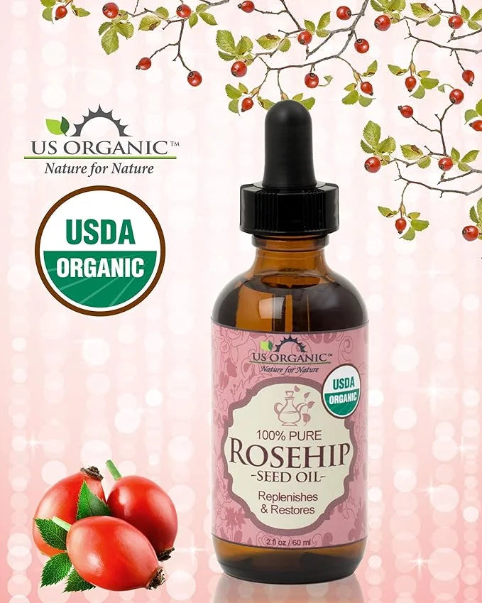 US Organic Rosehip Seed Oil, USDA Certified Organic, Cold Pressed, Virgin Organic, Amber Glass Bottle and Glass Eye Droppe...