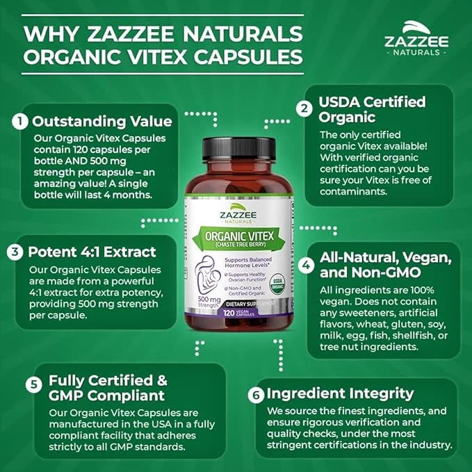 Zazzee USDA Organic Vitex, 500 mg Strength, 120 Vegan Capsules, 4 Month Supply, Standardized and Concentrated 4X Extract, ...