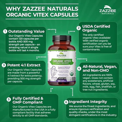 Zazzee USDA Organic Vitex, 500 mg Strength, 120 Vegan Capsules, 4 Month Supply, Standardized and Concentrated 4X Extract, ...