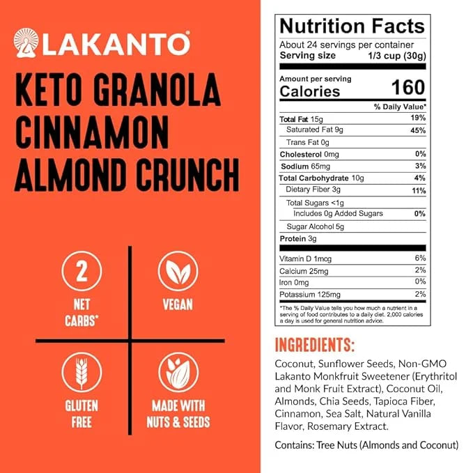 Lakanto Cinnamon Almond Crunch Granola - Monk Fruit Sweetener, Delicious Snack, Quick Breakfast Cereal, Keto Friendly, No ...