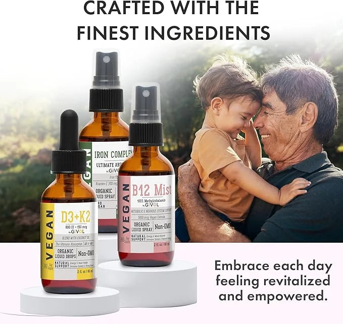 Energy & Vitality Bundle Liquid Vitamin B12 Methylcobalamin, D3 (Lichen) K2 (MK4 (MK4 & MK7), Non-GMO, 2 Fl (60 ml) 540 Days