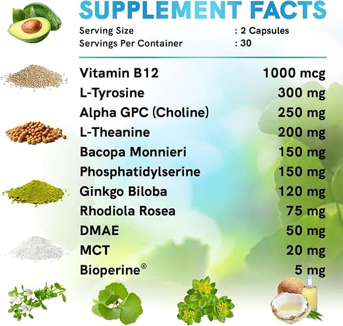 12-in-1 Nootropic Brain Supplement Anhydrous: Ginkgo Biloba for Brain Support, Memory and Focus - B12, Alpha GPC, L Theani...