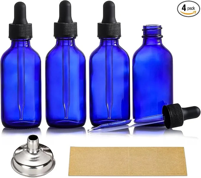 AOZITA 4 Pack, 2 oz Dropper Bottles with 1 Funnel & 4 Labels - 60ml Thick Dark Blue Glass Tincture Bottles with Eye Droppe...