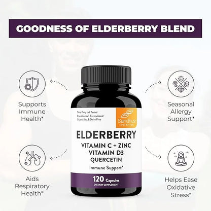 Elderberry Vitamin C and Zinc 120 Capsules (Pack of 3) | with Quercetin and Vitamin D3 | Immune Support for Adults | Herba...