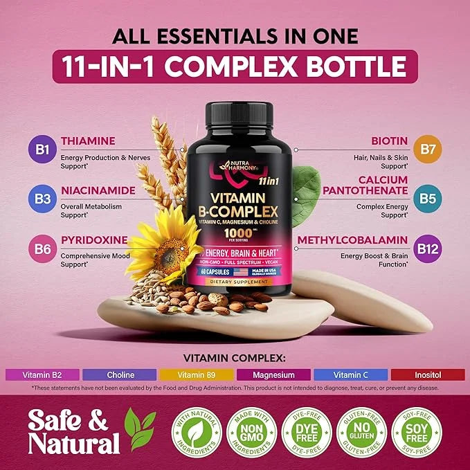 Vitamin B Complex for Men & Women 11-in-1 B-Complex: B1, B2, B2, B3, B3, B5, B5, B6, B6, B7, B7, B8, B8, B9, B9, B12 B12 w...