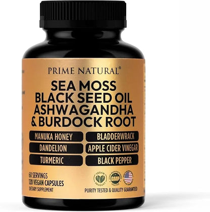 Sea Moss 3000mg Black Seed Oil 2000mg Ashwagandha 1000mg Turmeric 1000mg Bladderwrack 1000mg Burdock 1000mg Manuka 120 Cap...