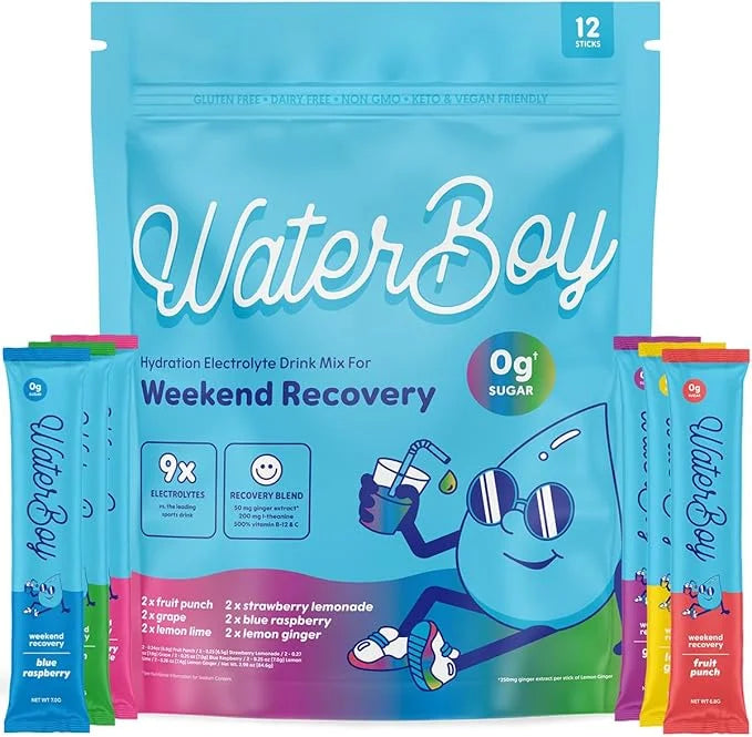 Waterboy Weekend Recovery Sample Pack | 3,200mg Electrolyte Powder Packets | Ginger + L-Theanine + Vitamins | No Sugar, Al...