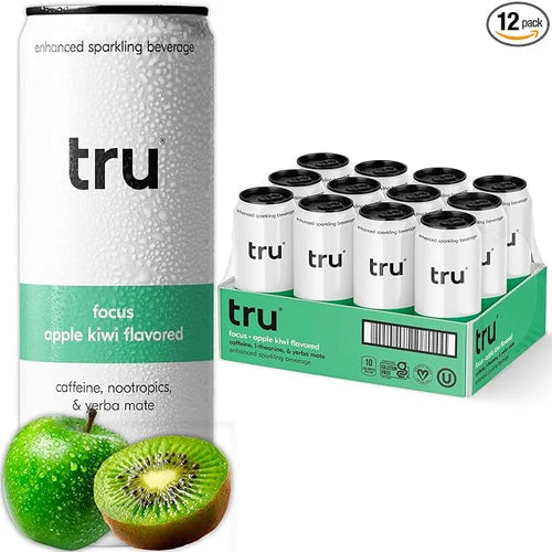 Tru Focus Seltzer, Adaptogen Nootropic Drink with Yerba Mate, Apple Flavor, Sparkling Water, 100mg Natural Caffeine, Koshe...