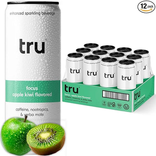 Tru Focus Seltzer, Adaptogen Nootropic Drink with Yerba Mate, Apple Flavor, Sparkling Water, 100mg Natural Caffeine, Koshe...