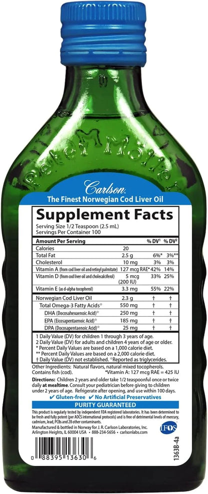 Carlson - Kid's Cod Liver Oil, 550 mg Omega-3s, Vitamins D3, Wild 250 mL