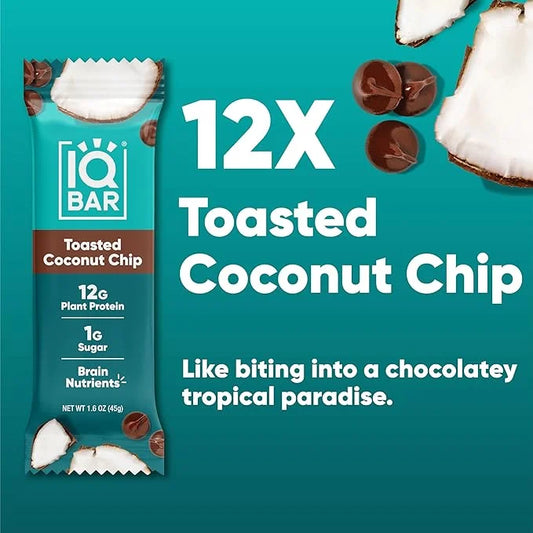 IQBAR Brain and Body Plant Protein Bars - Toasted Coconut Chip - 12-Count Low Carb - Gluten Free, High Fiber, Vegan Snacks...