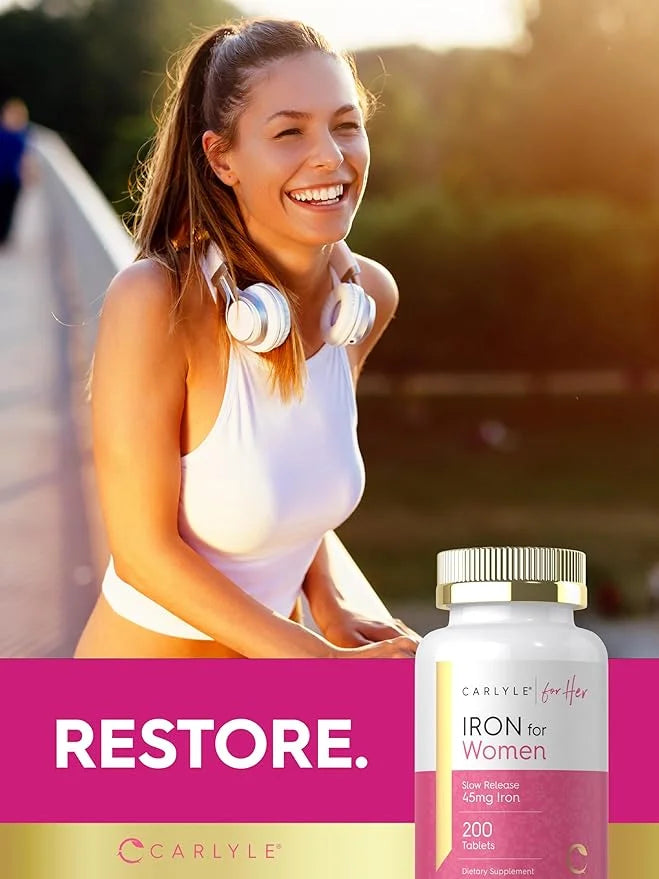Carlyle Iron Supplement for Women | 45mg | 200 Slow Release Tablets | Vegetarian, Non-GMO, Gluten Free Pills | for Her - P...