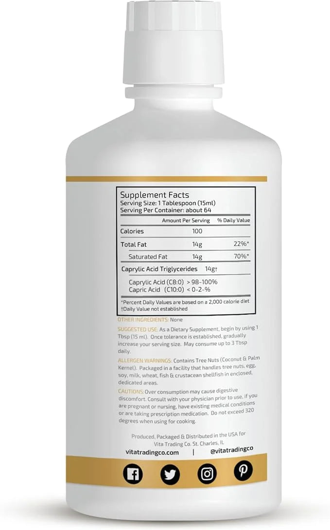 VTC VitaTradingCo. 100% Pure C8 MCT Oil | 3X Distilled Caprylic Acid | Healthy Fat for Clean Energy | Sustainably Sourced ...