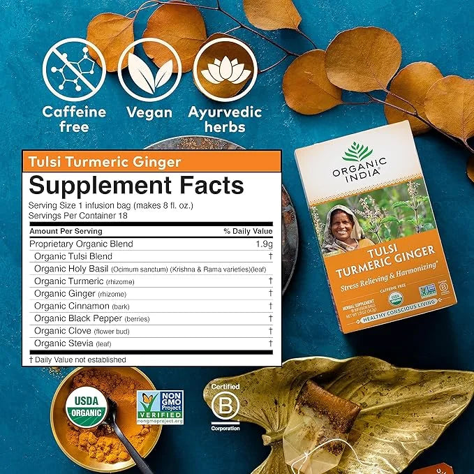 ORGANIC INDIA Tulsi Turmeric Ginger Herbal Tea - Stress Relieving & Harmonizing, Immune Support, Aids Digestion, Vegan, Ca...