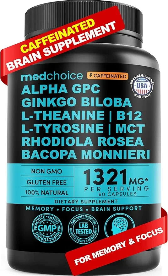 12-in-1 Nootropic Brain Supplement with Caffeine Anhydrous: Ginkgo Biloba for Brain Support, Memory and Focus - B12, Alpha...