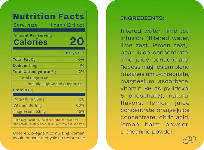 Recess Mood Magnesium Supplement Drink Calming 12 Ounce, 12 (Lime 12 Pack)