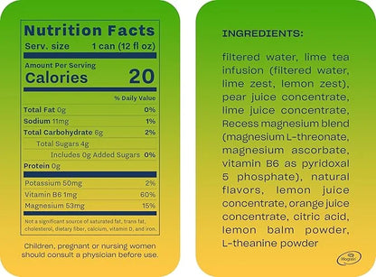 Recess Mood Magnesium Supplement Drink Calming 12 Ounce, 12 (Lime 12 Pack)