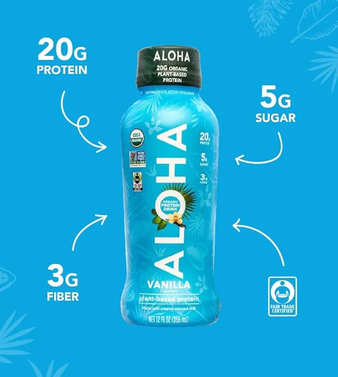 ALOHA Organic Plant Based Vanilla Ready to Drink Protein Shake w/MCT Oil (12 ct, 12oz Bottle) 20g Protein, Meal Replacemen...
