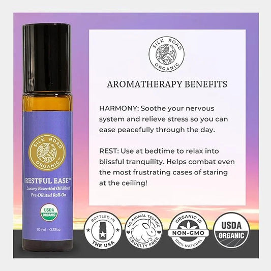 Organic Restful Ease Essential Oil Sleep & Stress Blend Roll On - 100% Pure USDA Certified with Indian Sandalwood - Stress...
