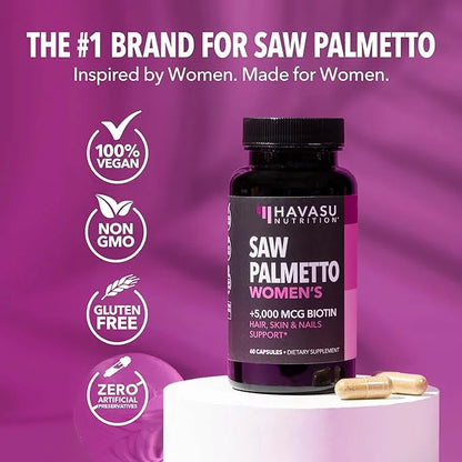 Saw Palmetto for Women with Biotin 5000mcg - Powerful DHT Blocker to Support Hair, Skin, and Nail Health - 120 Count - Veg...