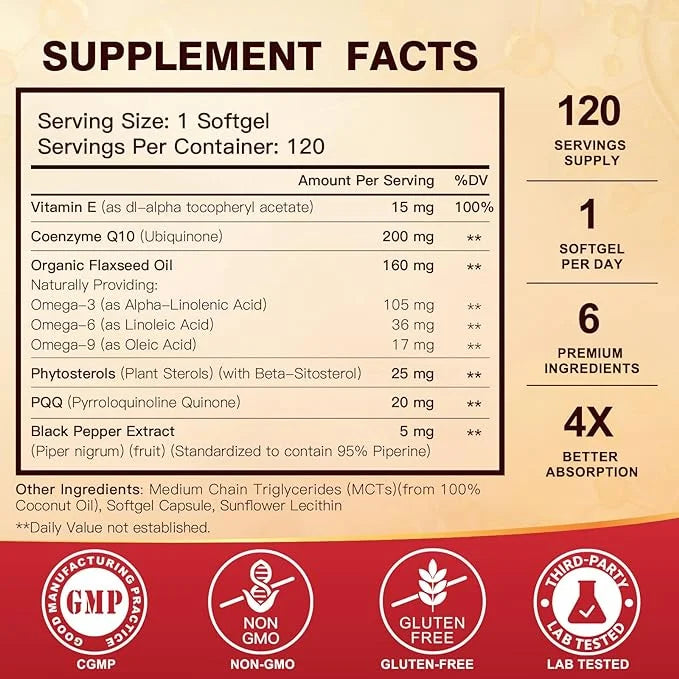 CoQ10 200mg Softgels with Vitamin E 3-6 -9 -9 & Q10 with 120 Servings