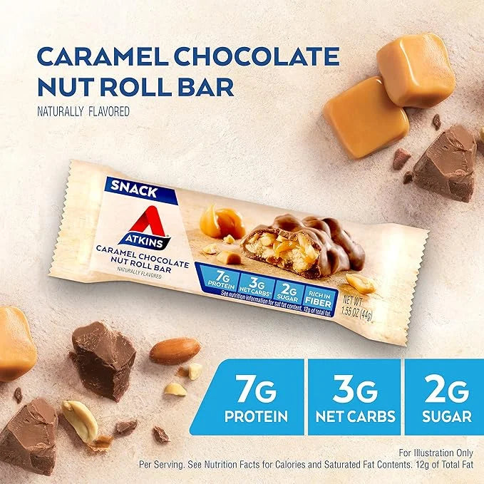 Atkins Caramel Chocolate Nut Roll Snack Bar, Protein Snack, High in Fiber, 2g Sugar, 16 Count - Product Image