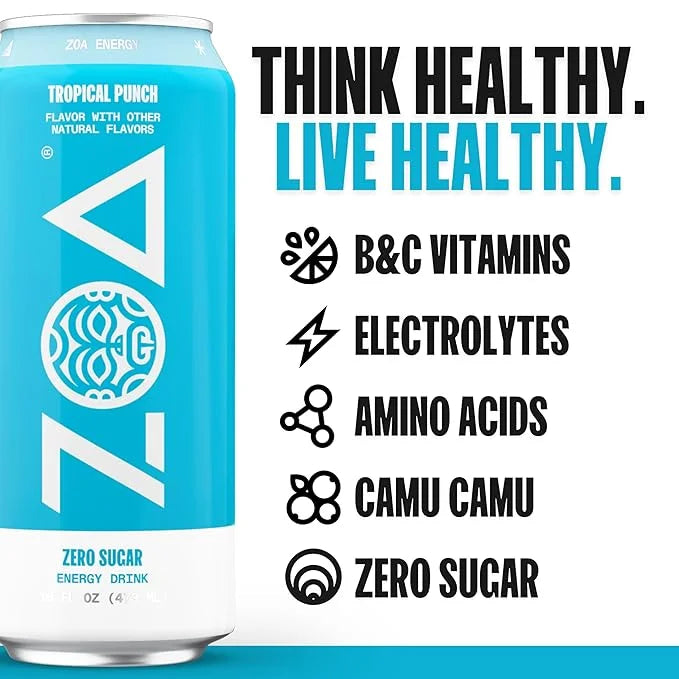ZOA Zero Sugar Energy Drinks, Tropical Punch - Sugar Free with Electrolytes, Healthy Vitamin C, Amino Acids, Essential B-V...