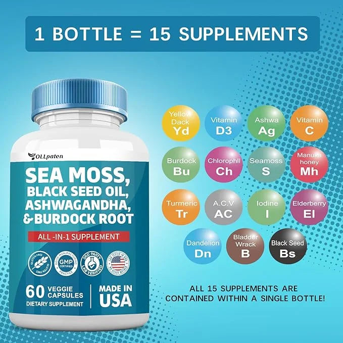 Sea Moss 3000mg Ashwagandha 1000mg Black 2000mg Turmeric 1000mg Burdock 1000mg Bladderwrack 1000mg & D3 Elderberry 60 Caps...