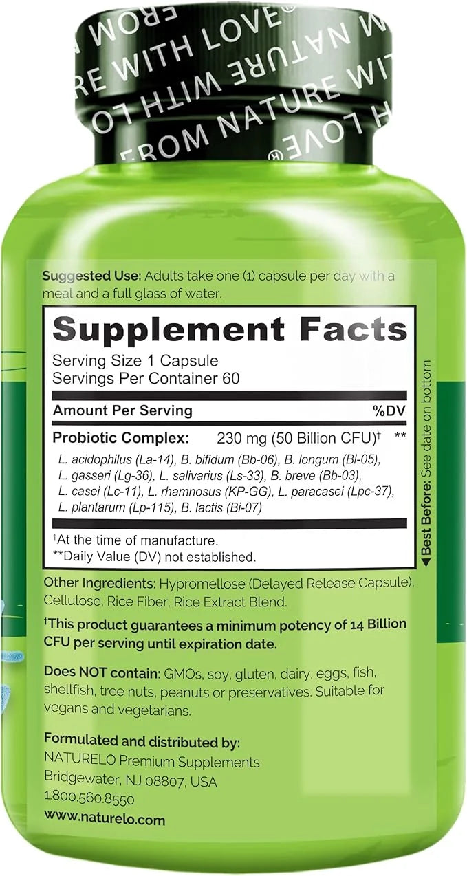 NATURELO Probiotics for Digestive Health 50 Billion 11 Strains, 60 Vegetarian (2 Pack)