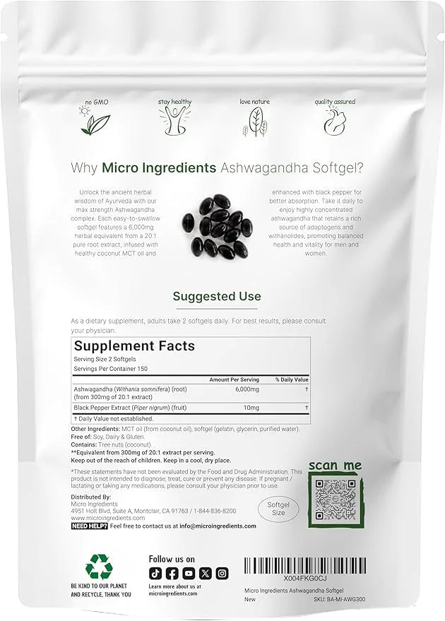 Ashwagandha Supplements 6,000mg Per Serving | 300 Coconut MCT Oil Softgels with Black Pepper for Better Absorption | Poten...