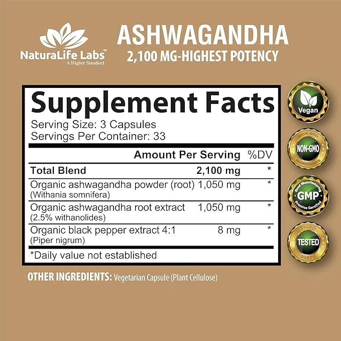 Organic Ashwagandha 2,100 mg 100 Vegan