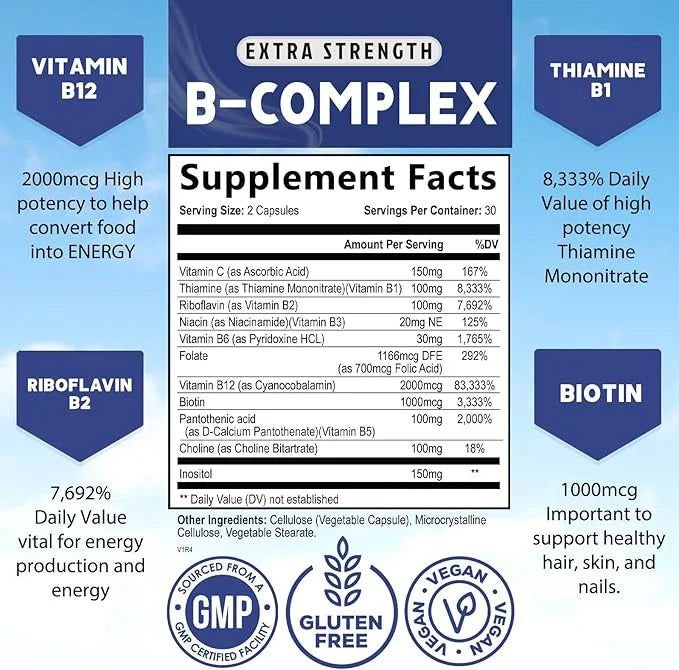 B Complex Vitamins with Vitamin B1 B2 B3 B3 B6 B6 B12 B12 B100 B100 C 60 Vegan