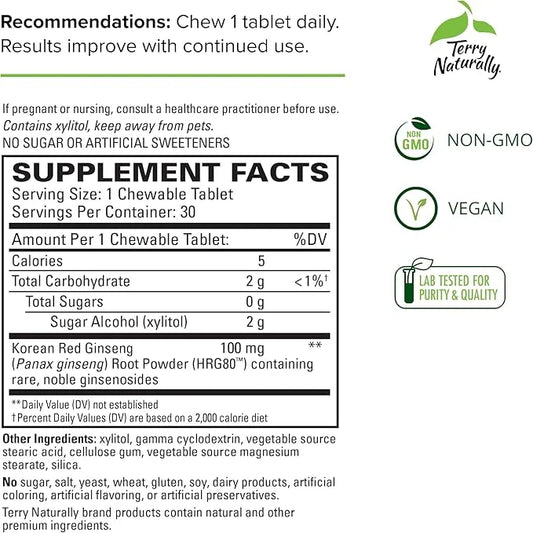 Terry Naturally HRG80 Red Ginseng Energy 30 Chewable HRG80 - 30 Servings
