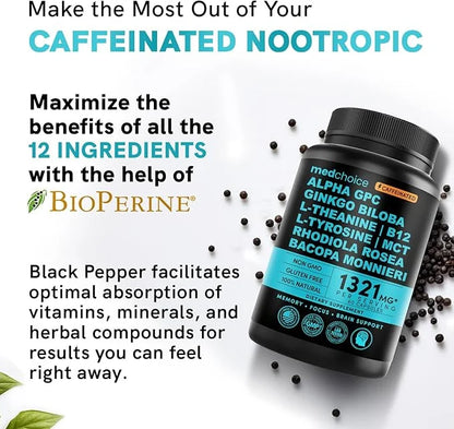 12-in-1 Nootropic Brain Supplement with Caffeine Anhydrous - Ginkgo Biloba for Brain Support, Memory, Focus - B12, Alpha G...