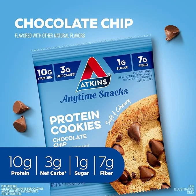 Atkins Chocolate Chip Protein Cookie, Protein Dessert, Rich in Fiber, 3g Net Carb, 1g Sugar, Keto Friendly, 4 Count - Prod...
