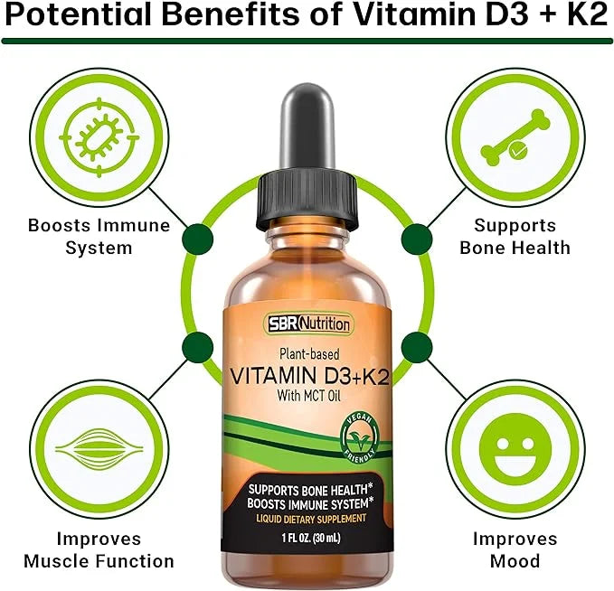 Vegan Vitamin D3 + K2 (MK-7) Liquid Drops with MCT Oil, Peppermint Flavor, Helps Support Strong Bones and Healthy Heart - ...