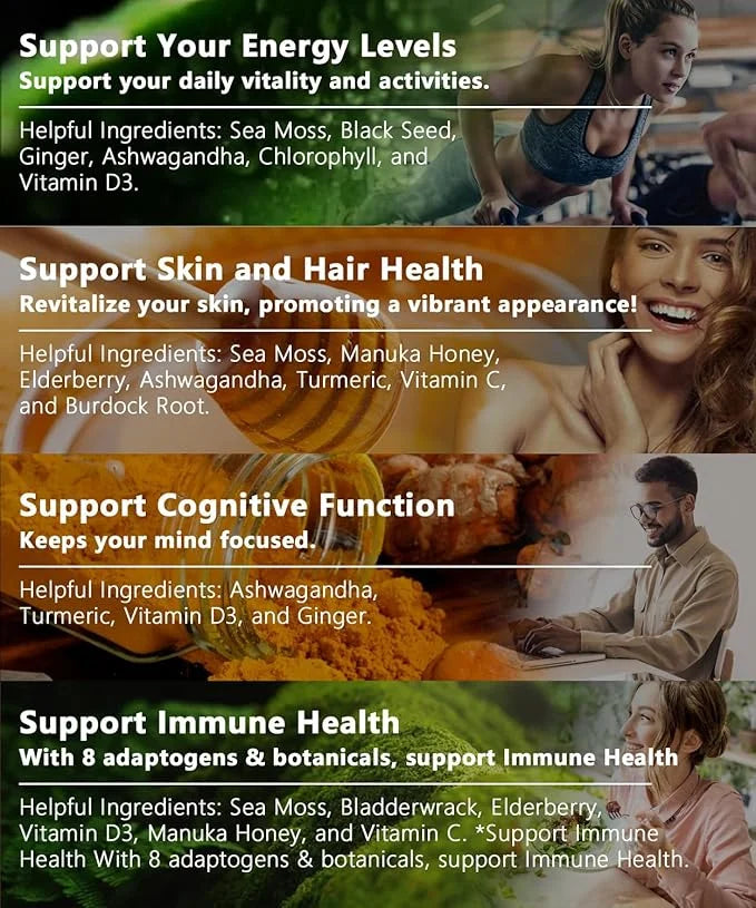 Irish Sea Moss Capsules 120 Count - Advanced Sea Moss Pills with Black Seed Oil, Ashwagandha, Ginger, Bladderwrack, Elderb...