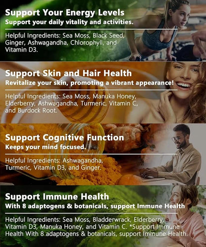 Irish Sea Moss Capsules 120 Count - Advanced Sea Moss Pills with Black Seed Oil, Ashwagandha, Ginger, Bladderwrack, Elderb...