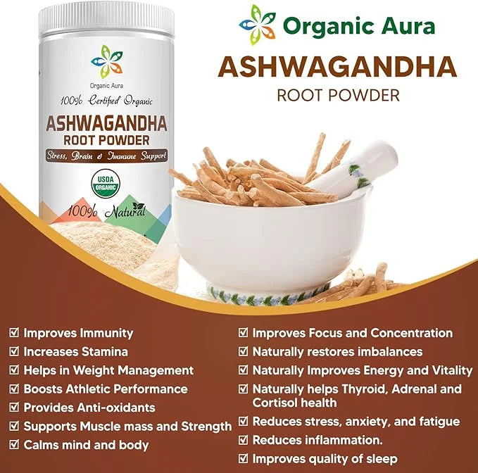 Certified Organic Ashwagandha Root Powder 16Oz -1Lb. Natural 100% Natural